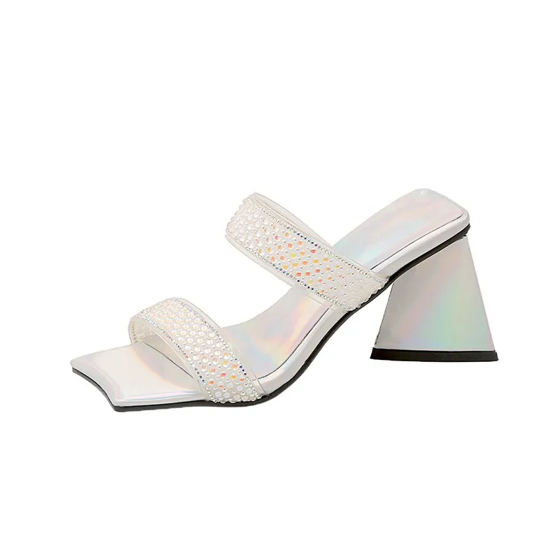 Joskaa 2024 Summer Bohemian Stylish Lady Chunky High Heels Shoes Open Toe Crystal Double Strap Sandals Slides Mules Women Hoco Shoes