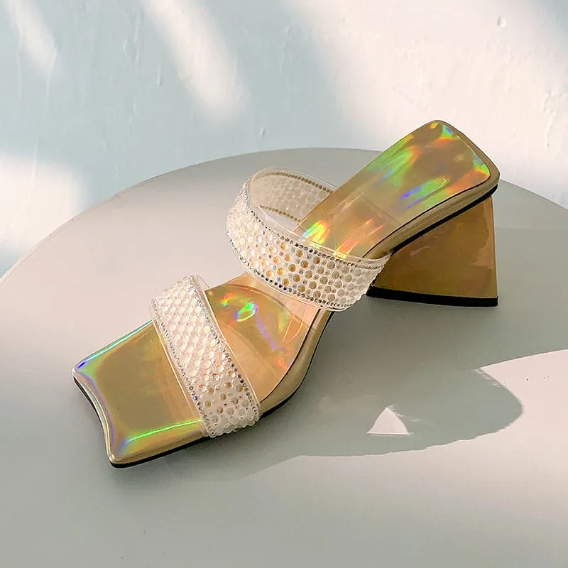 Joskaa 2024 Summer Bohemian Stylish Lady Chunky High Heels Shoes Open Toe Crystal Double Strap Sandals Slides Mules Women Hoco Shoes