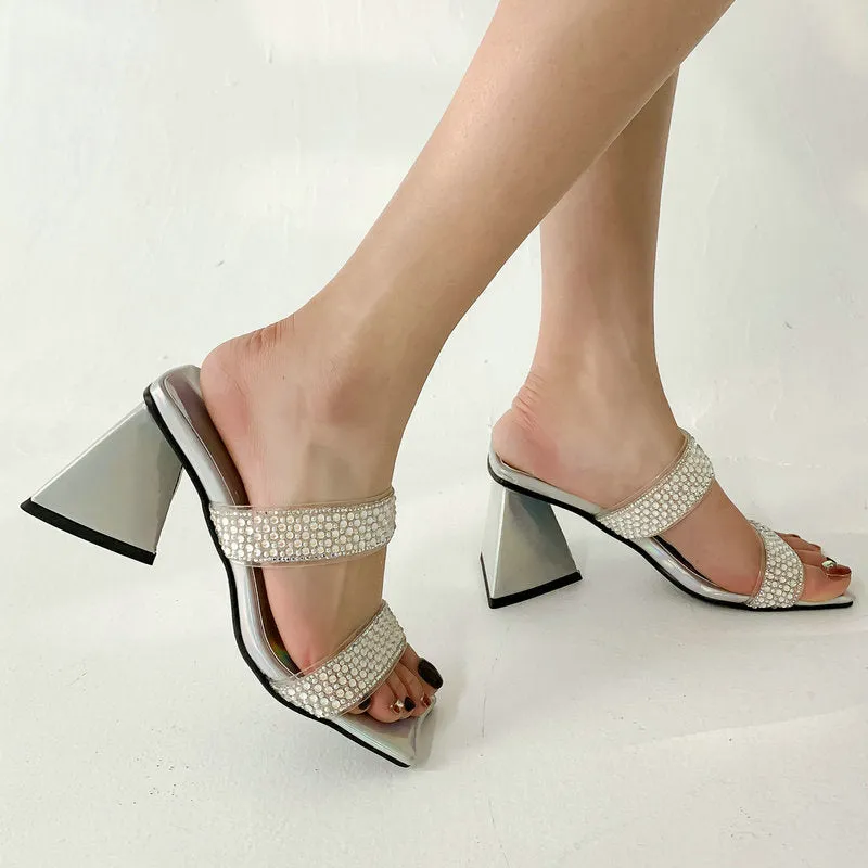 Joskaa 2024 Summer Bohemian Stylish Lady Chunky High Heels Shoes Open Toe Crystal Double Strap Sandals Slides Mules Women Hoco Shoes