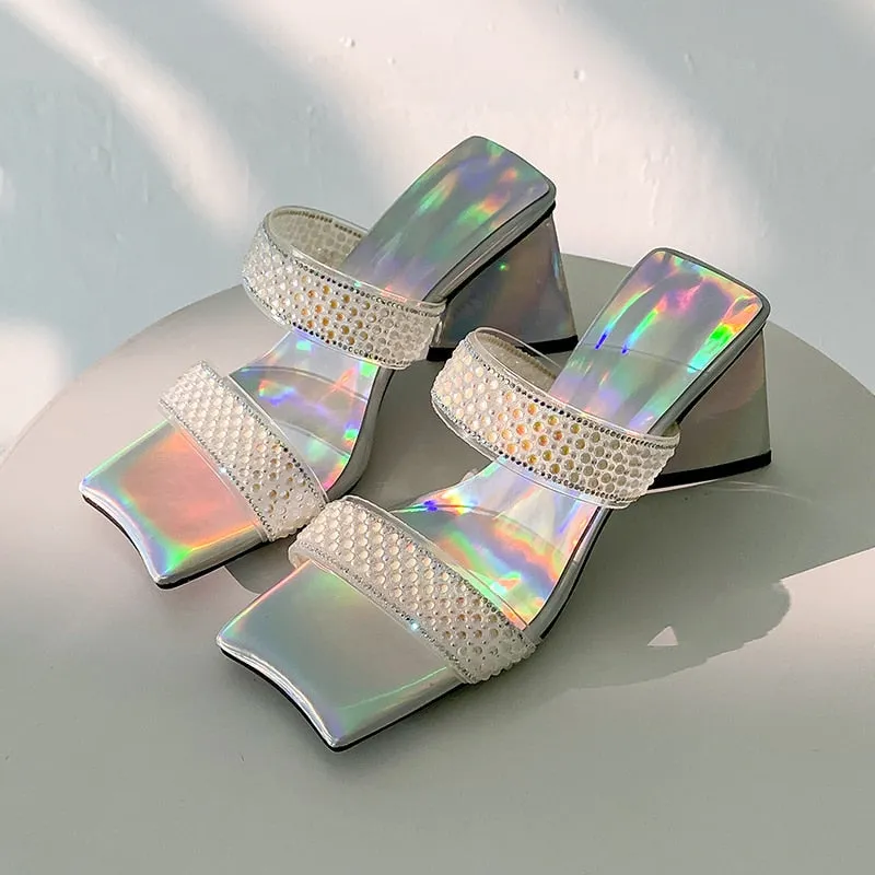 Joskaa 2024 Summer Bohemian Stylish Lady Chunky High Heels Shoes Open Toe Crystal Double Strap Sandals Slides Mules Women Hoco Shoes
