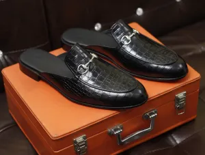 New Men's Handmade Formal Shoes Black Crocodile Textured Leather Slip On Stylish Mules