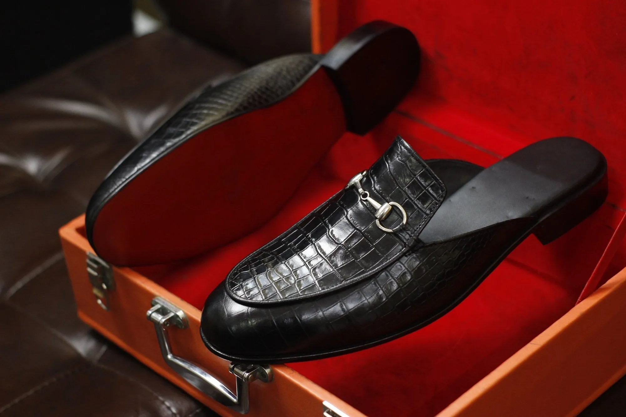 New Men's Handmade Formal Shoes Black Crocodile Textured Leather Slip On Stylish Mules