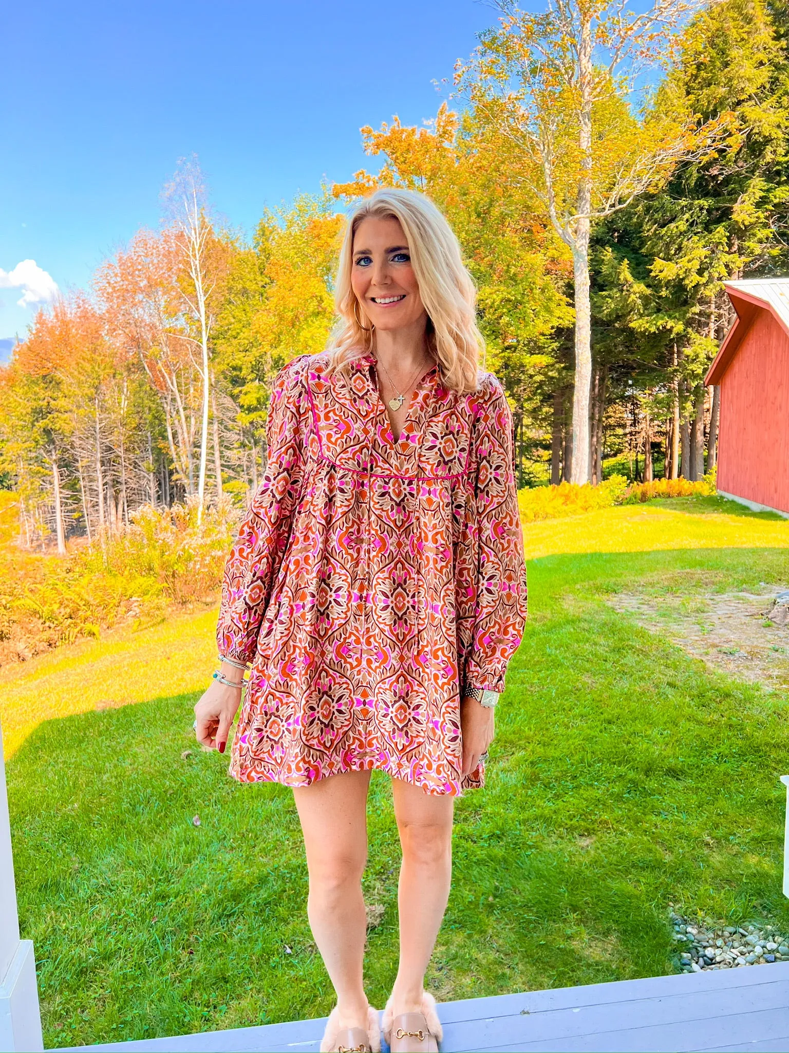 Rushing Into It Mini Dress - Tan/Fuchsia