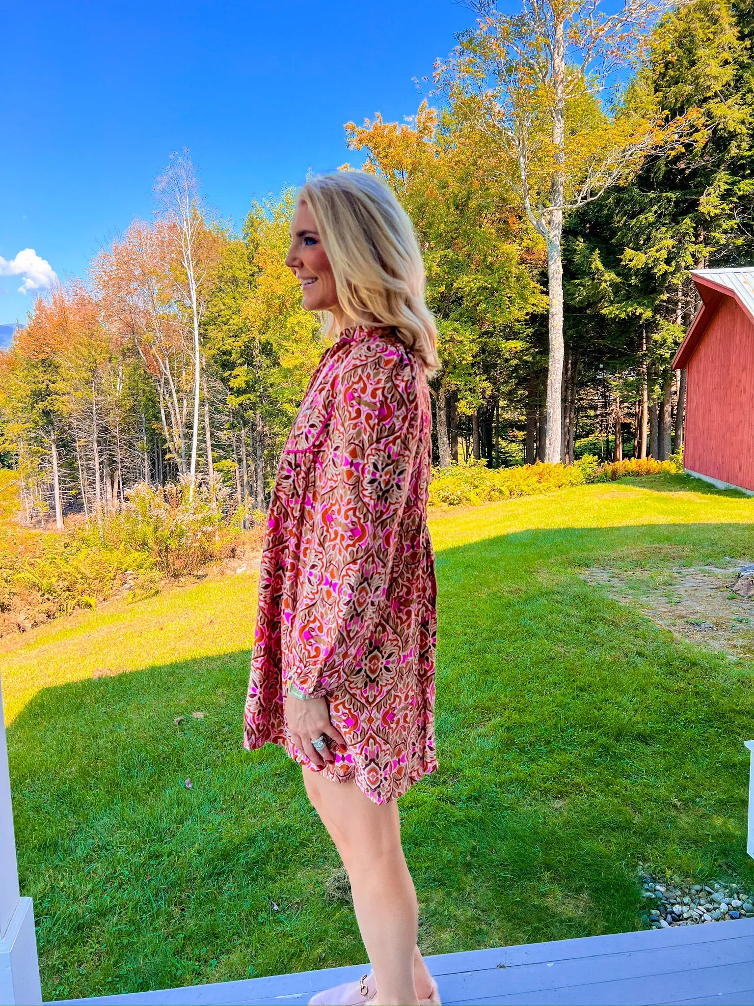 Rushing Into It Mini Dress - Tan/Fuchsia