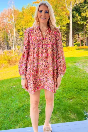 Rushing Into It Mini Dress - Tan/Fuchsia