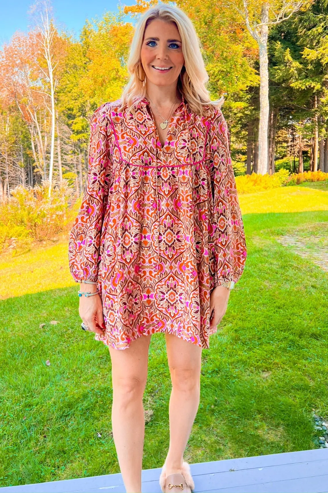Rushing Into It Mini Dress - Tan/Fuchsia