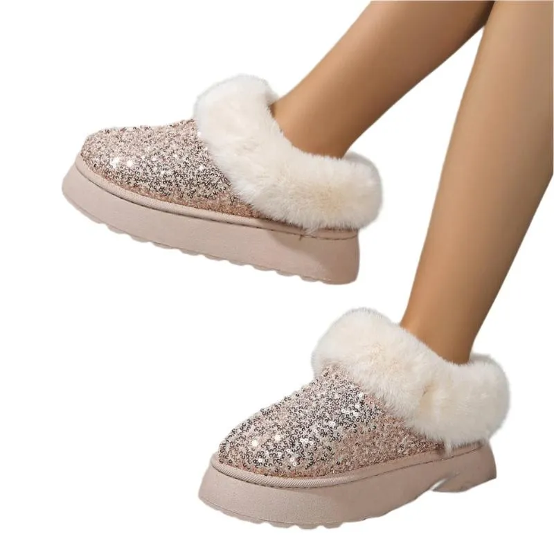 Sparkling Indoor Outdoor Casual Warm Comfortable Thick-Soled Plush Slippers For Women