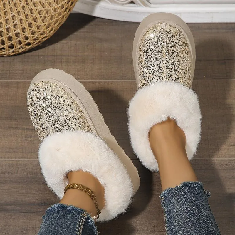 Sparkling Indoor Outdoor Casual Warm Comfortable Thick-Soled Plush Slippers For Women