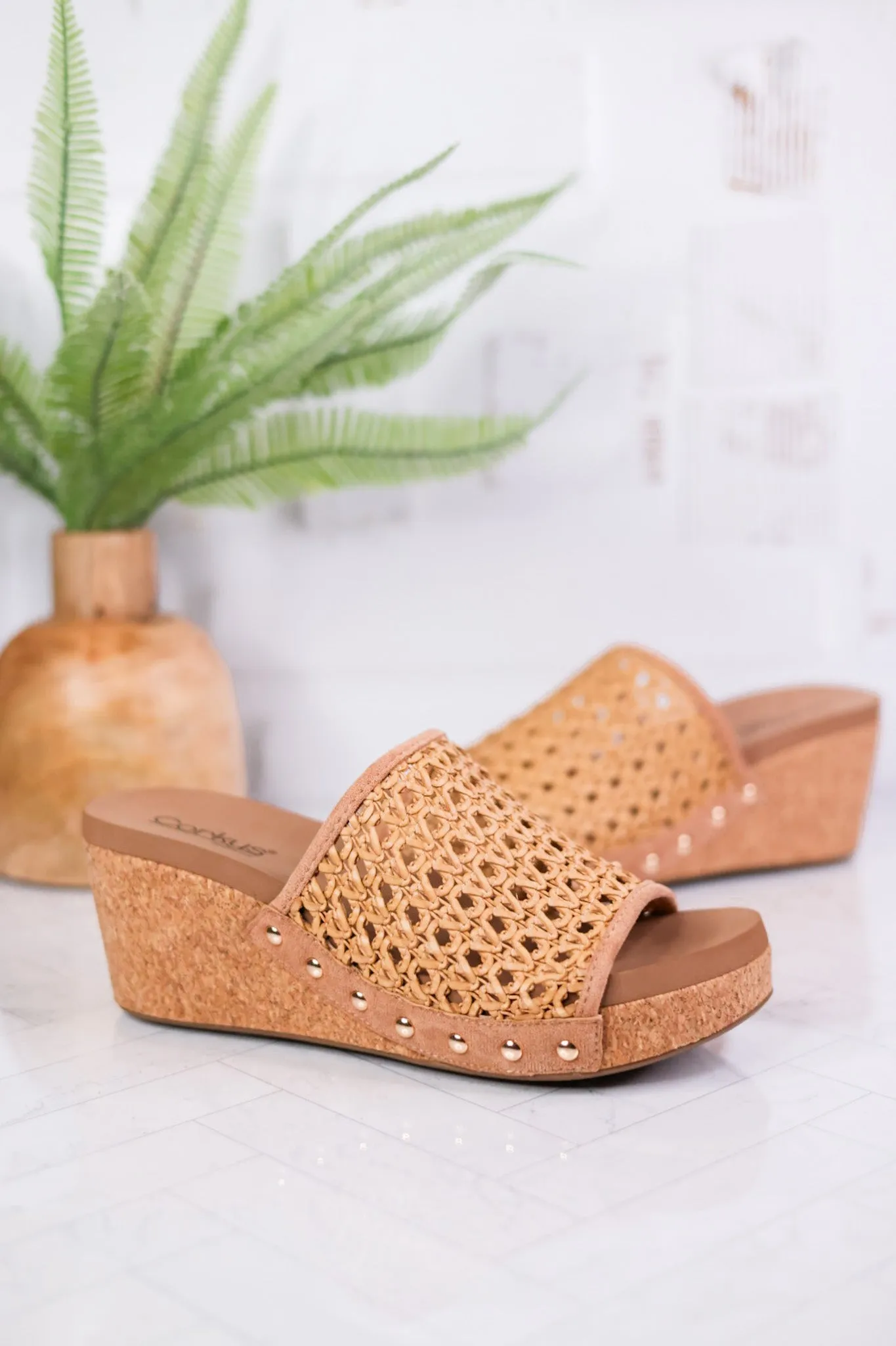 Tan Vacation Rattan Wedge Sandals