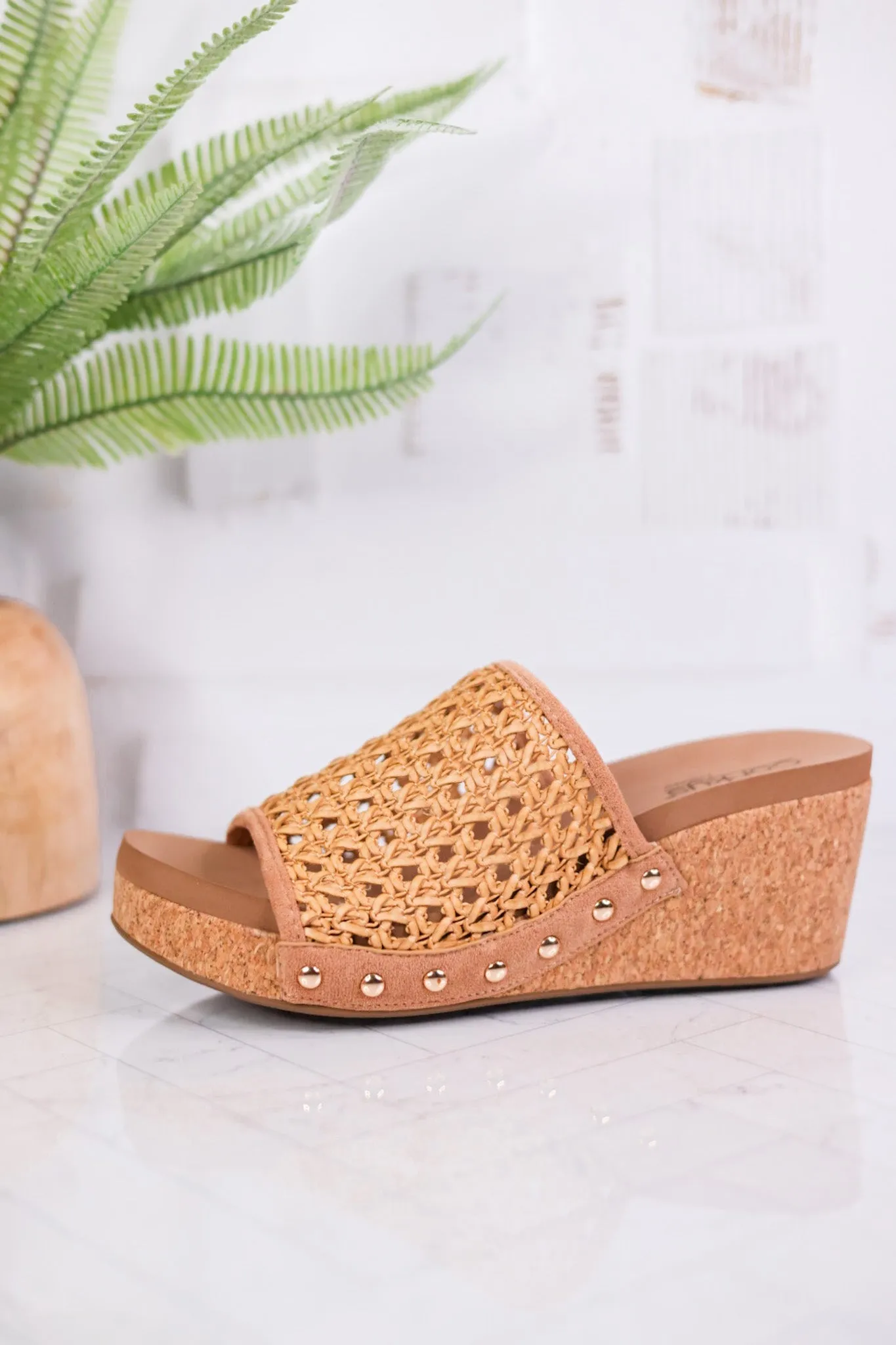 Tan Vacation Rattan Wedge Sandals