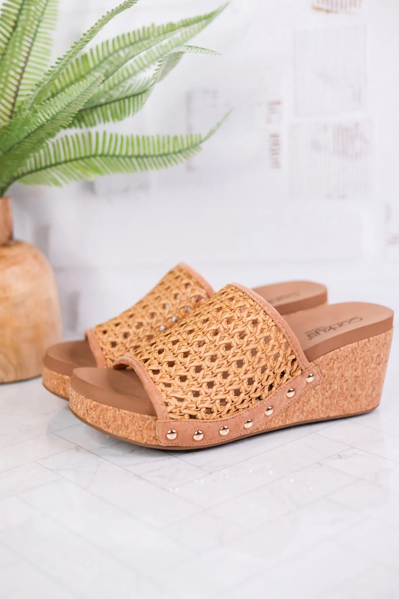 Tan Vacation Rattan Wedge Sandals