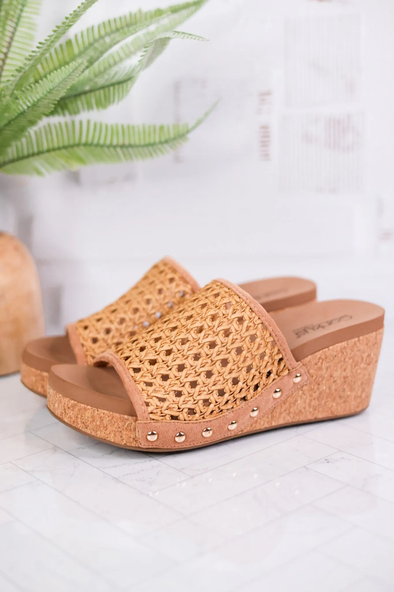 Tan Vacation Rattan Wedge Sandals