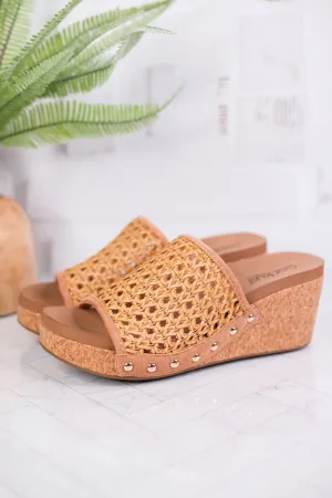 Tan Vacation Rattan Wedge Sandals