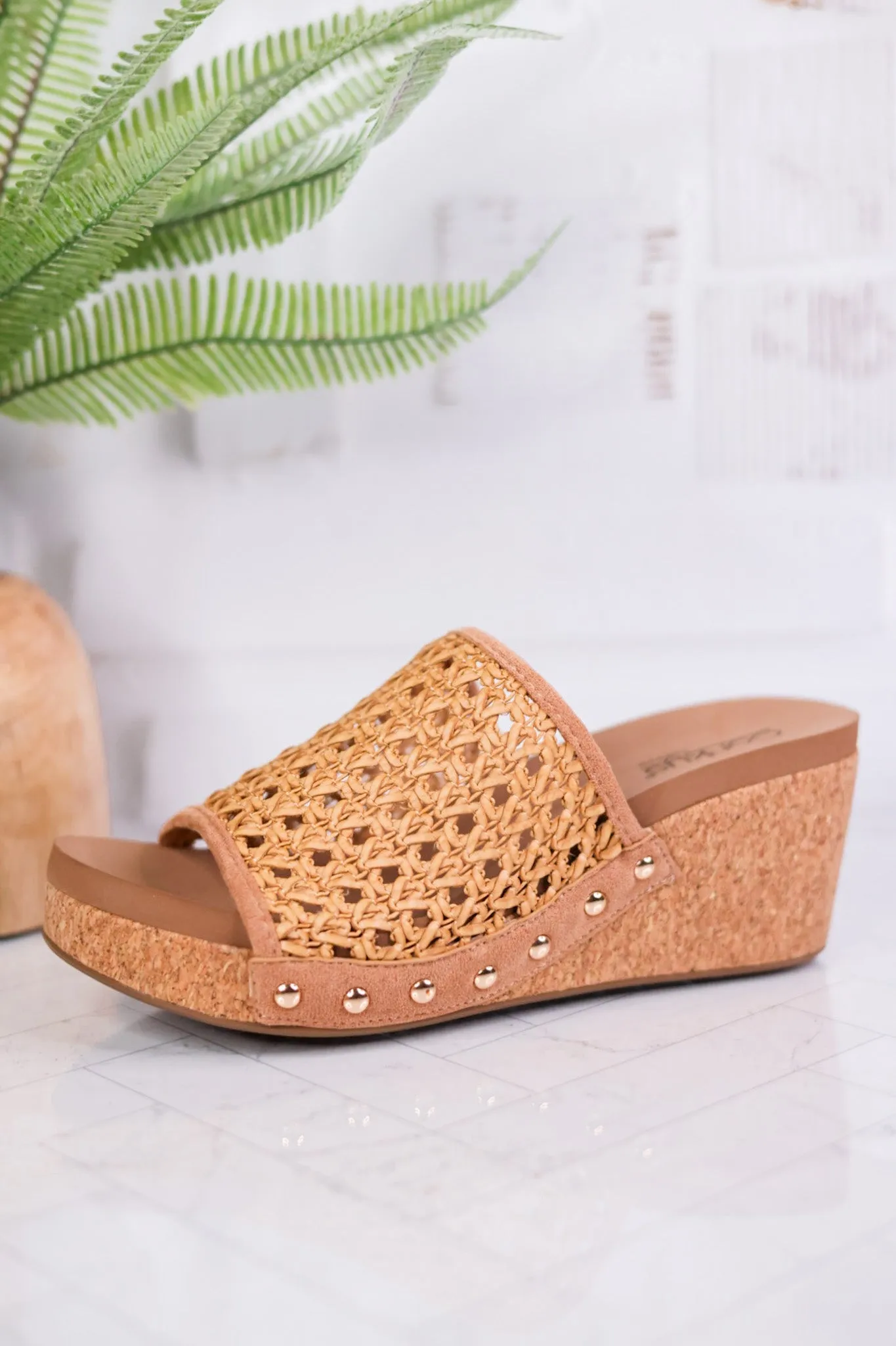 Tan Vacation Rattan Wedge Sandals