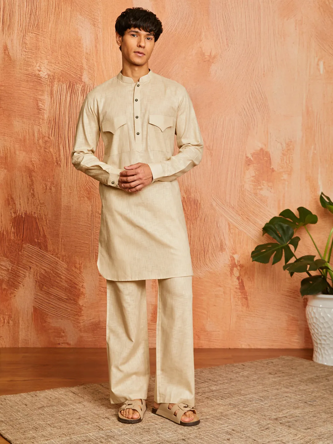 VASTRAMAY Men's Chiku Cotton Slub Kurta and Pyjama Set