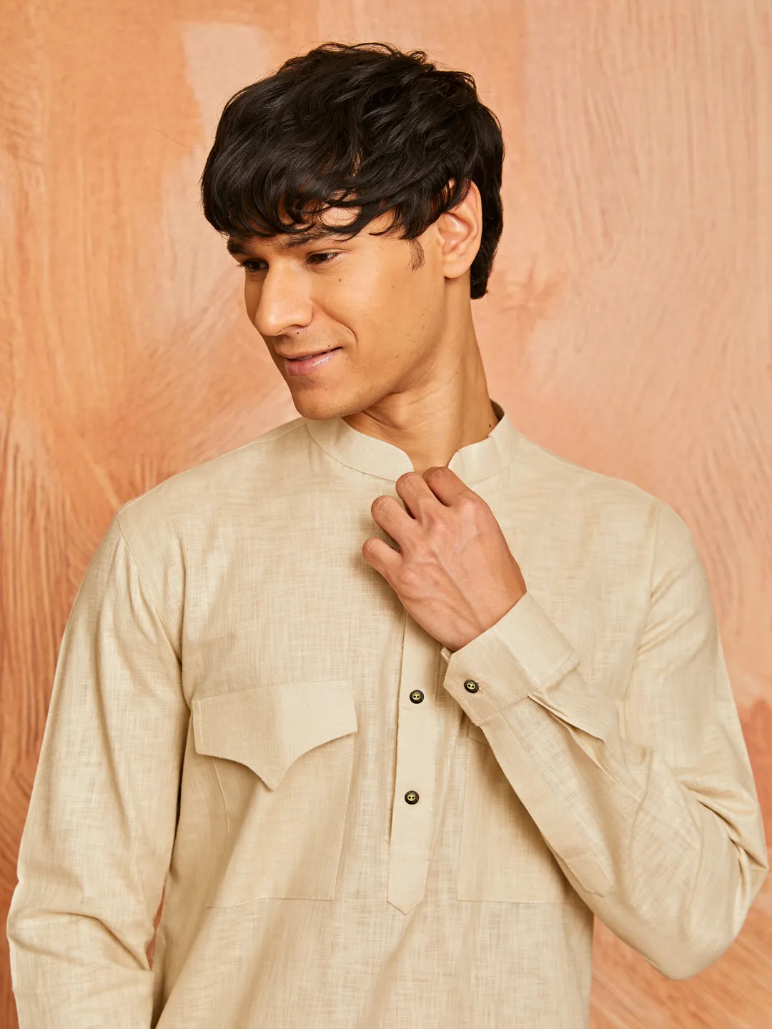 VASTRAMAY Men's Chiku Cotton Slub Kurta and Pyjama Set