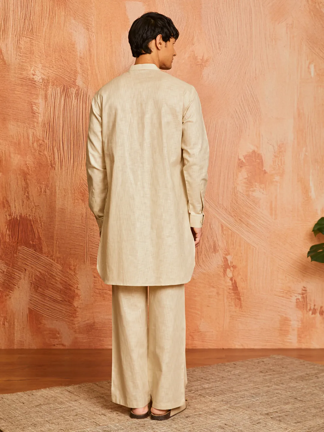 VASTRAMAY Men's Chiku Cotton Slub Kurta and Pyjama Set
