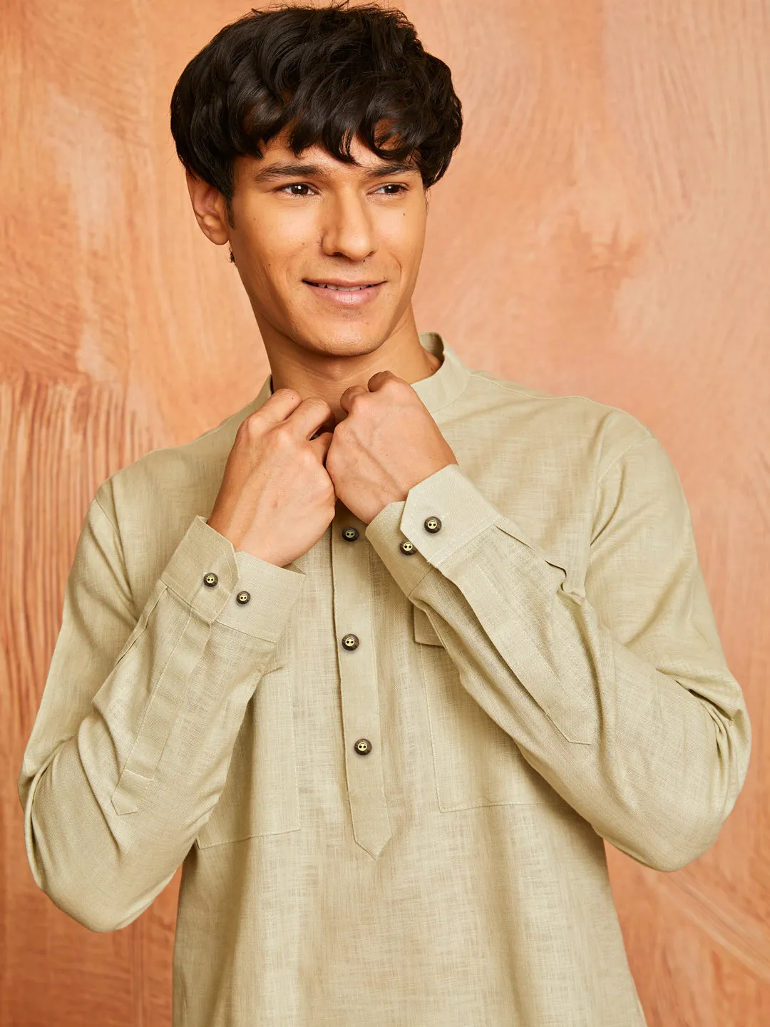 VASTRAMAY Men's Mint Green Cotton Slub Kurta and Pyjama Set