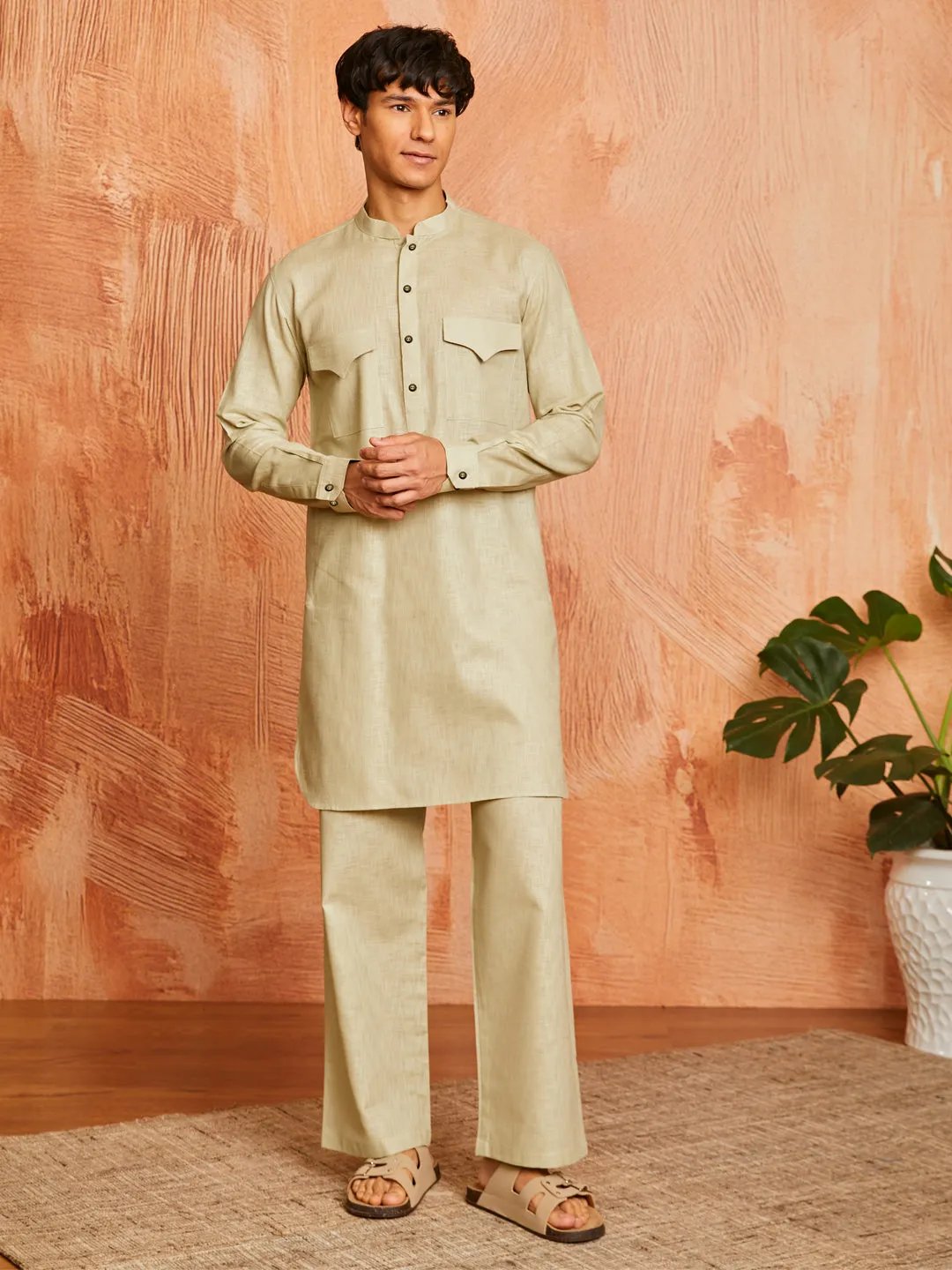 VASTRAMAY Men's Mint Green Cotton Slub Kurta and Pyjama Set