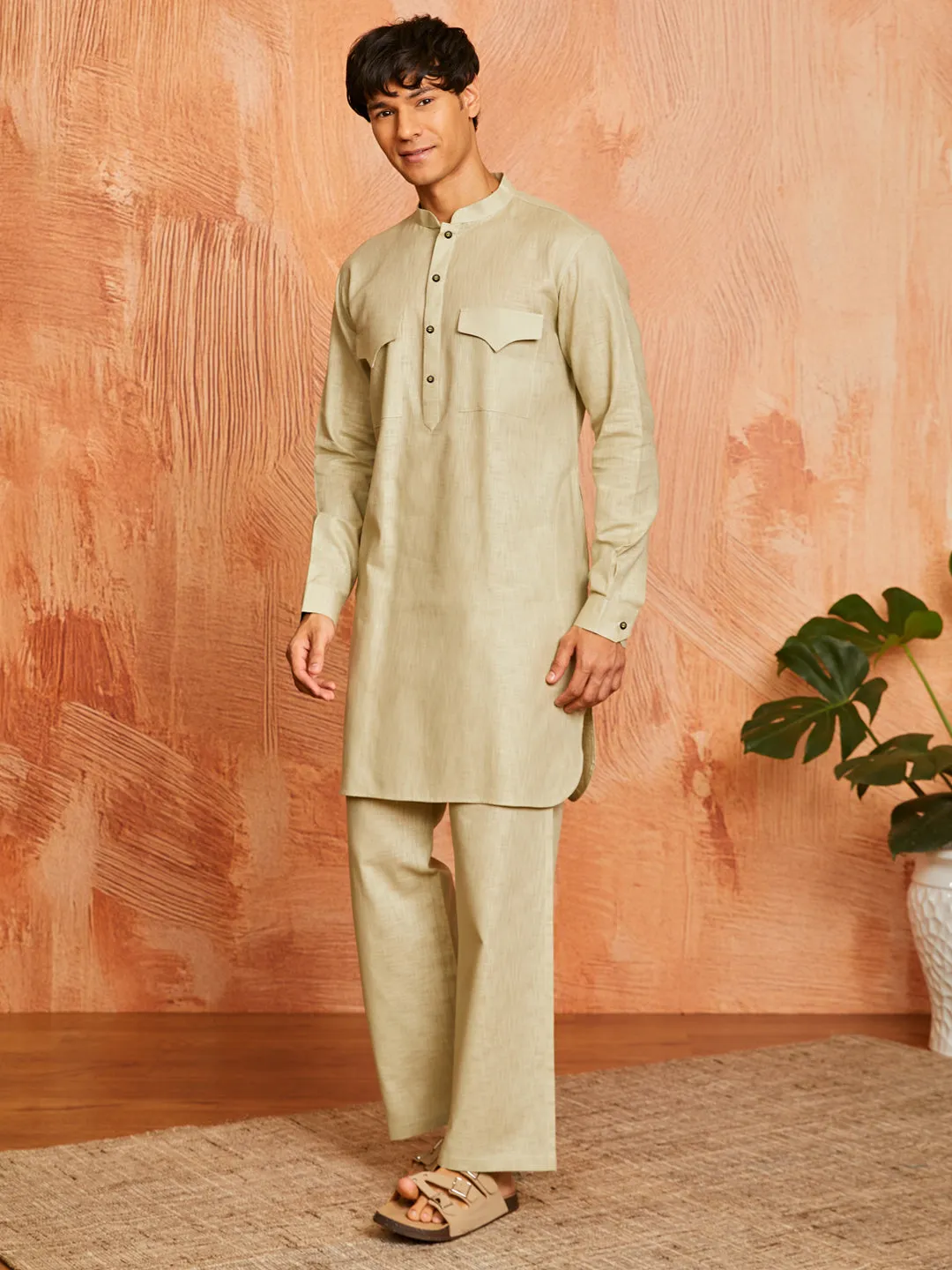 VASTRAMAY Men's Mint Green Cotton Slub Kurta and Pyjama Set