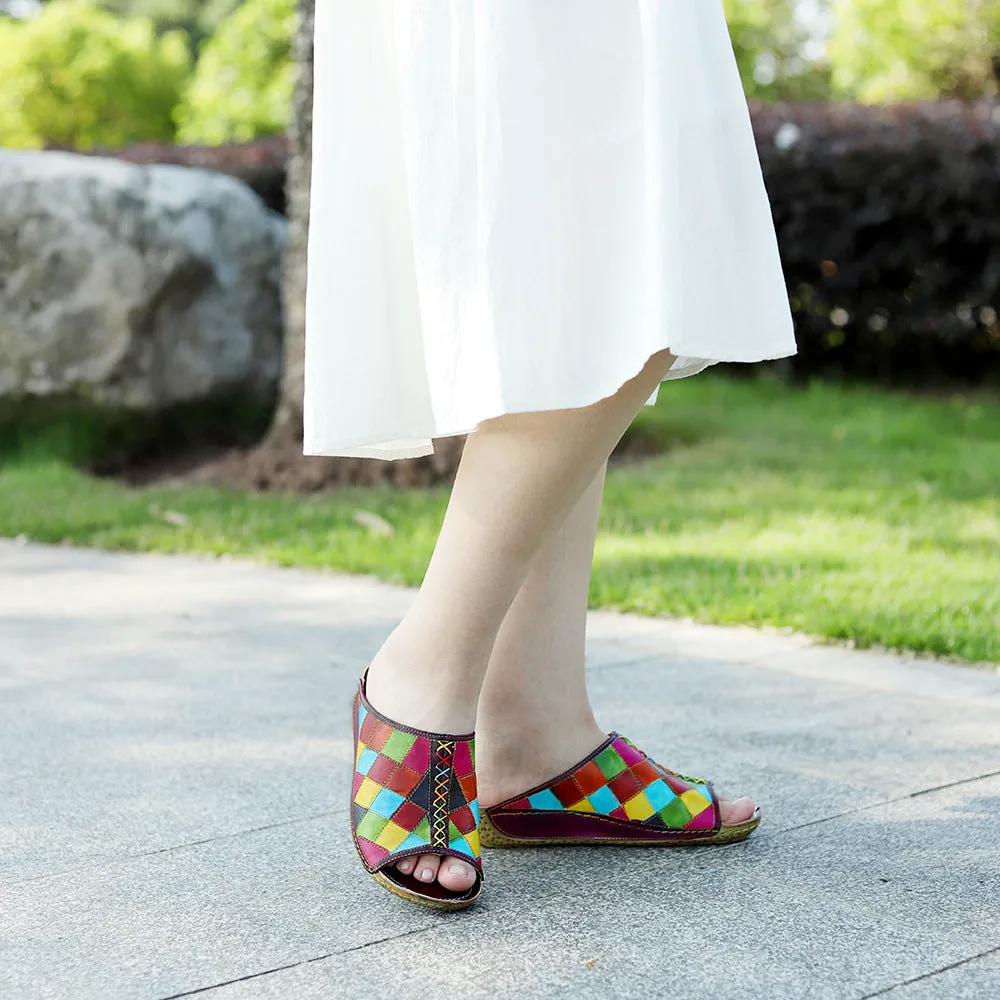 Women Retro Color Block Plaid Comfortable Slippers
