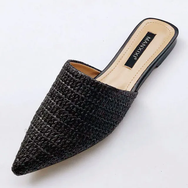 Women Slippers Pointed Toe Weave Mules Flat Slides Slip On Shoes