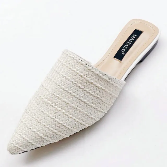 Women Slippers Pointed Toe Weave Mules Flat Slides Slip On Shoes