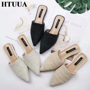 Women Slippers Pointed Toe Weave Mules Flat Slides Slip On Shoes
