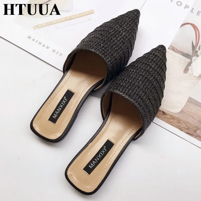 Women Slippers Pointed Toe Weave Mules Flat Slides Slip On Shoes