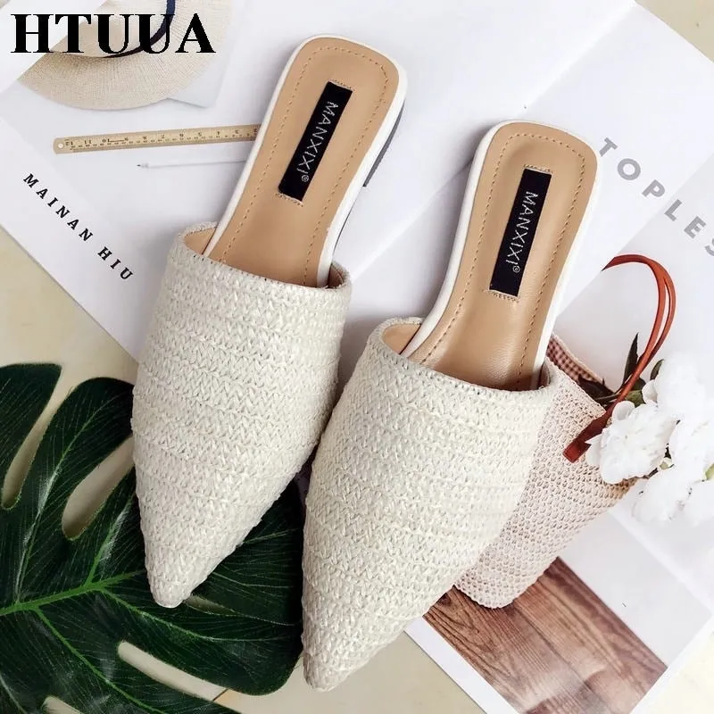 Women Slippers Pointed Toe Weave Mules Flat Slides Slip On Shoes