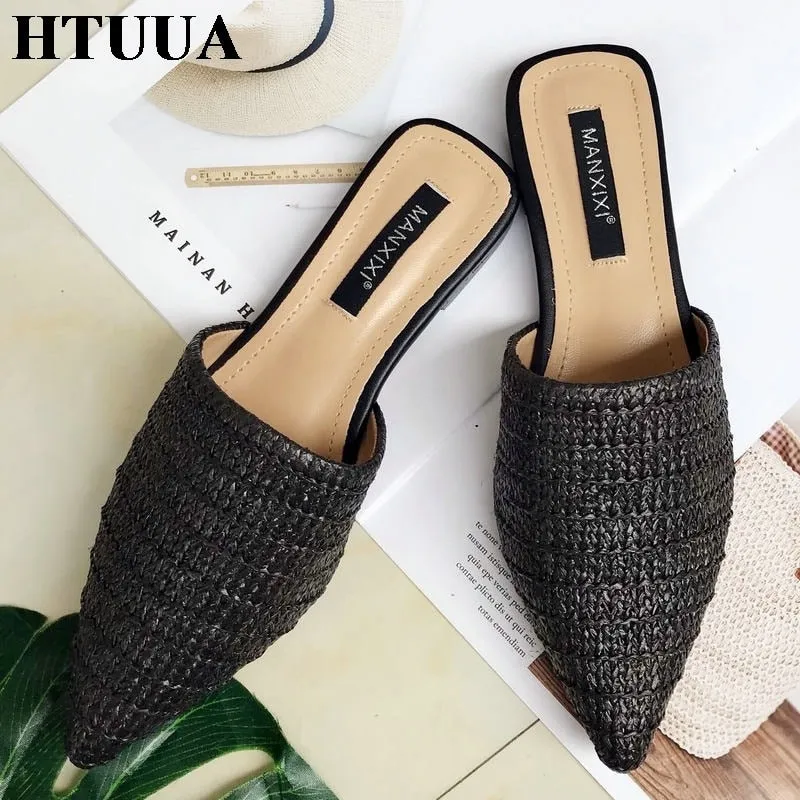 Women Slippers Pointed Toe Weave Mules Flat Slides Slip On Shoes