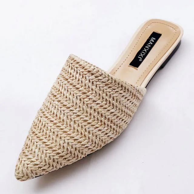 Women Slippers Pointed Toe Weave Mules Flat Slides Slip On Shoes