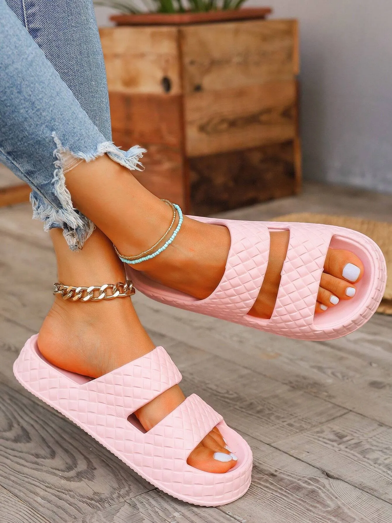 Women's Flat Sandals, Summer New EVA Khaki Color Slippers With Parallel Straps, Casual And Comfortable Beach Slippers, Waterproof Slippers