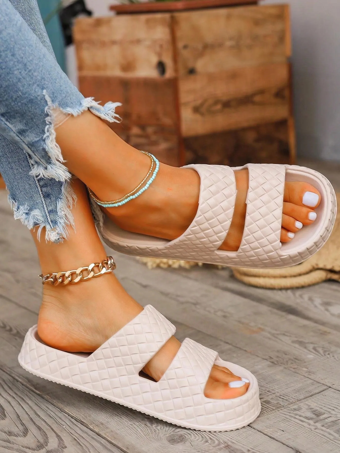 Women's Flat Sandals, Summer New EVA Khaki Color Slippers With Parallel Straps, Casual And Comfortable Beach Slippers, Waterproof Slippers