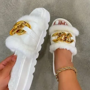 Women's Metal Chain Outdoor Comfortable Flat Fluffy Open Toe Slippers