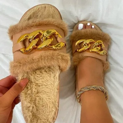 Women's Metal Chain Outdoor Comfortable Flat Fluffy Open Toe Slippers