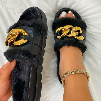 Women's Metal Chain Outdoor Comfortable Flat Fluffy Open Toe Slippers