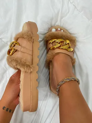 Women's Metal Chain Outdoor Comfortable Flat Fluffy Open Toe Slippers