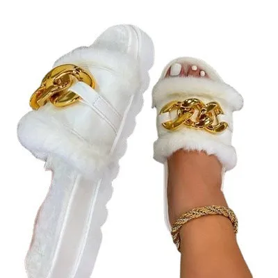 Women's Metal Chain Outdoor Comfortable Flat Fluffy Open Toe Slippers