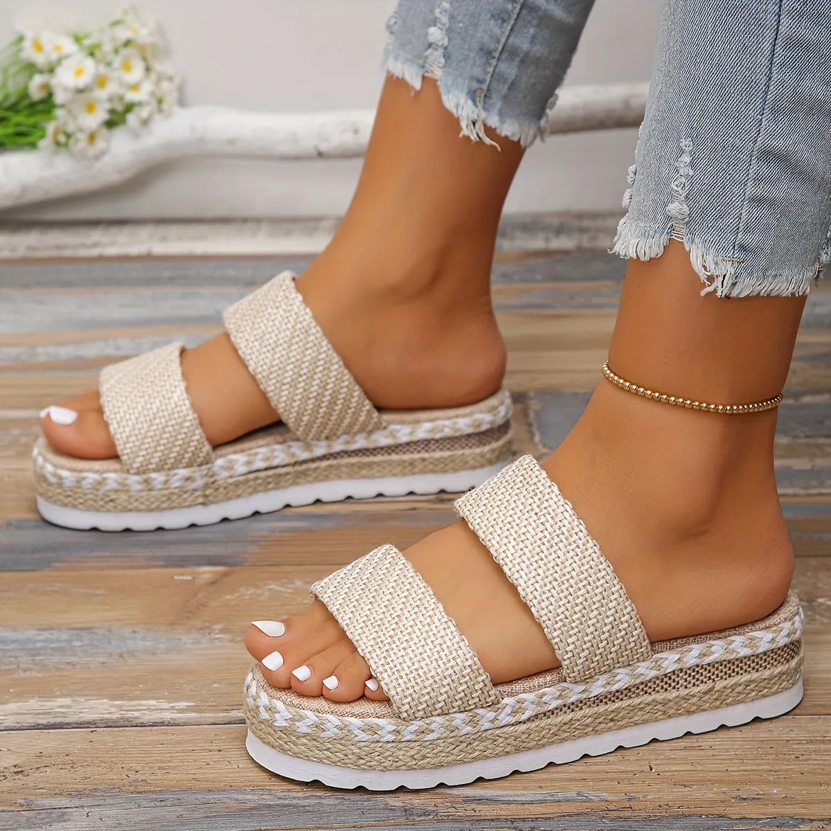 Women's Solid Color Platform Sandals, Comfortable Slip On Sandals